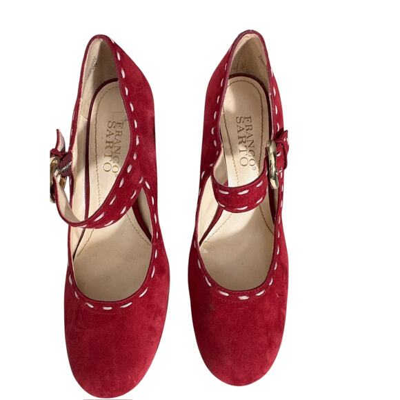 "FRANCO  SARTO" Mary Jane Red Suede Dorothy Oz Wedge Heel Rockabilly Swing - Picture 2 of 16